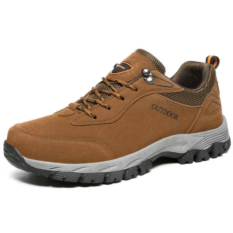 Men's low-cut outdoor hiking shoes in army green, shown in a large size.