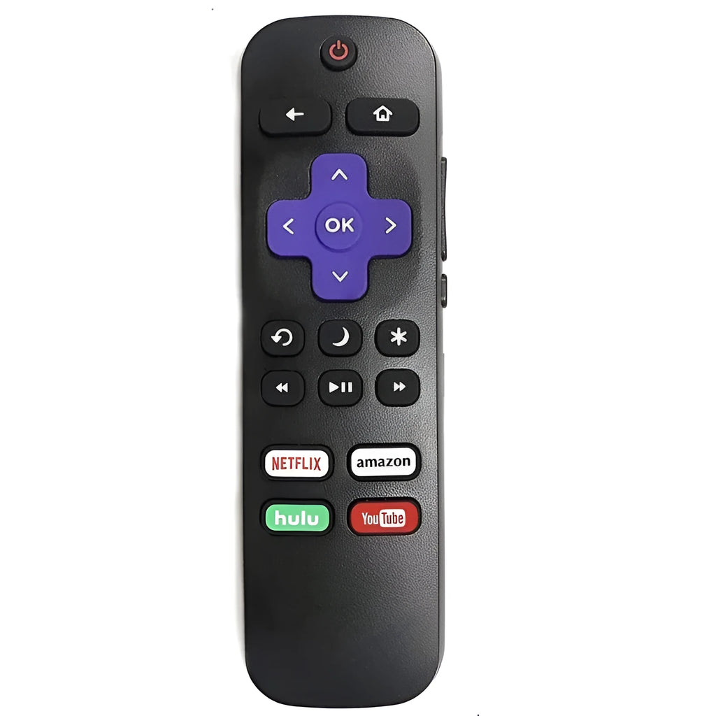 Black Roku TV remote control compatible with multiple Roku television model series.