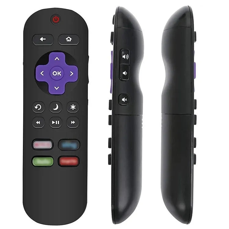 Black Roku TV remote control compatible with multiple Roku television model series.