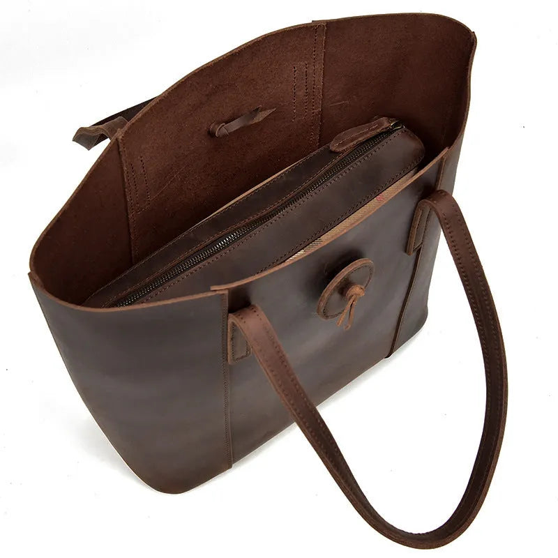 Women genuine crazy horse leather handbag clutch tote bag dark brown vertical square shape soft handle inner patch pocket 34x15x33cm