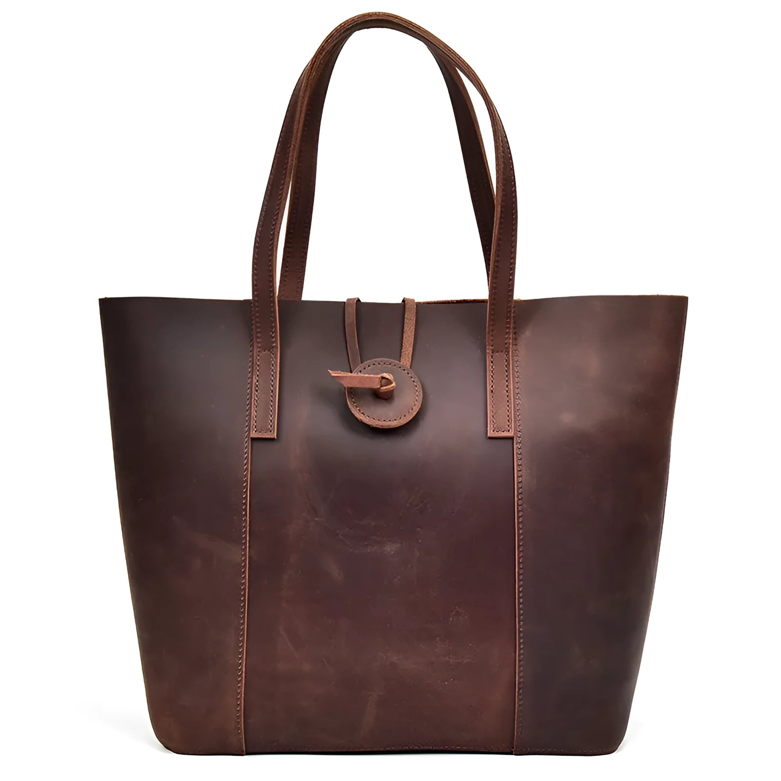 Women genuine crazy horse leather handbag clutch tote bag dark brown vertical square shape soft handle inner patch pocket 34x15x33cm