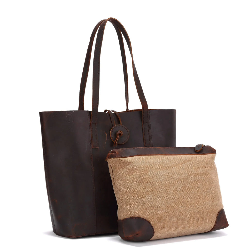 Women genuine crazy horse leather handbag clutch tote bag dark brown vertical square shape soft handle inner patch pocket 34x15x33cm