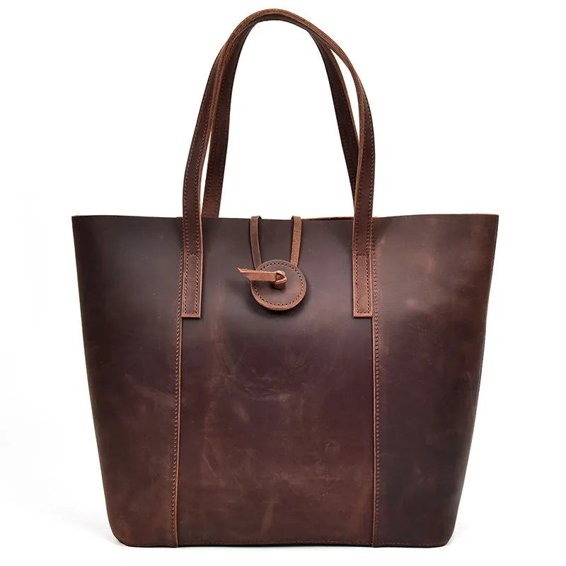 Women genuine crazy horse leather handbag clutch tote bag dark brown vertical square shape soft handle inner patch pocket 34x15x33cm