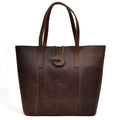 Women genuine crazy horse leather handbag clutch tote bag dark brown vertical square shape soft handle inner patch pocket 34x15x33cm