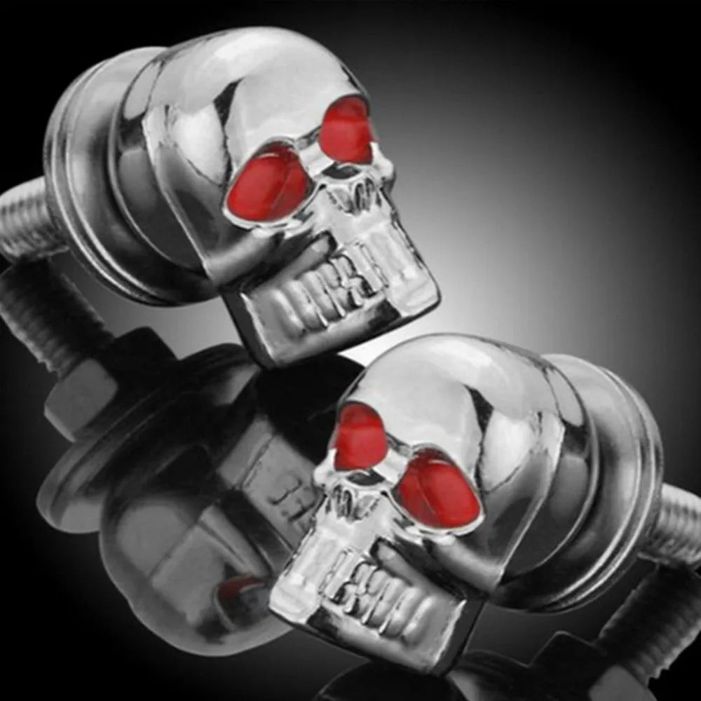 Pair of silver metal skull decorative bolts for motorcycle licence plate