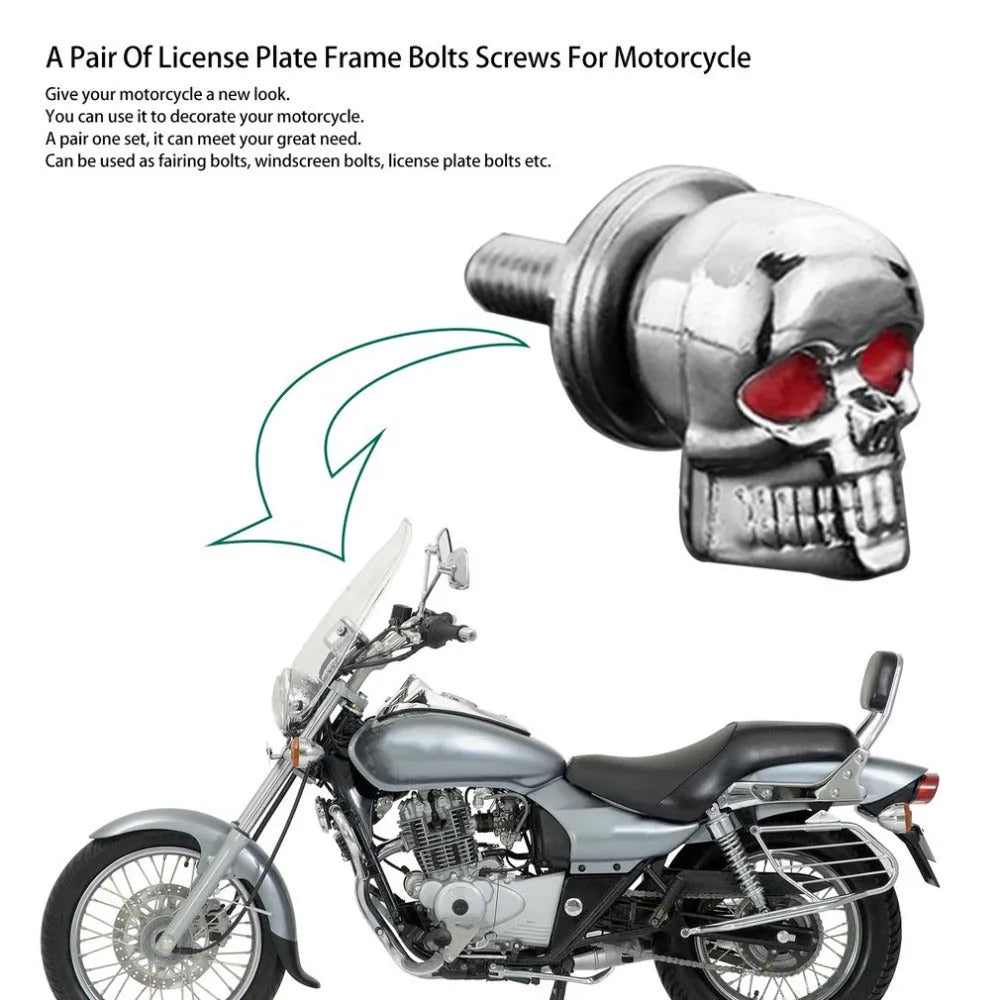 Pair of silver metal skull decorative bolts for motorcycle licence plate