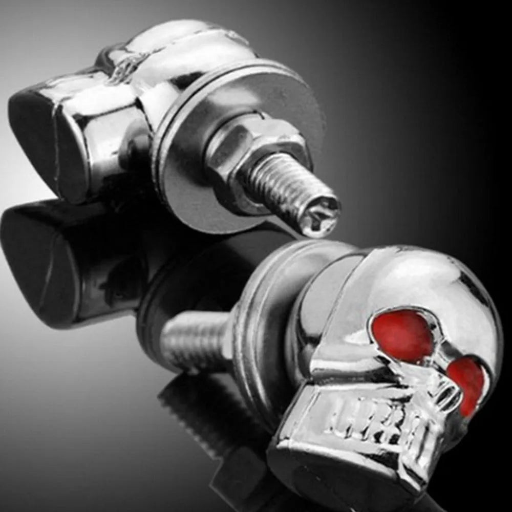 Pair of silver metal skull decorative bolts for motorcycle licence plate