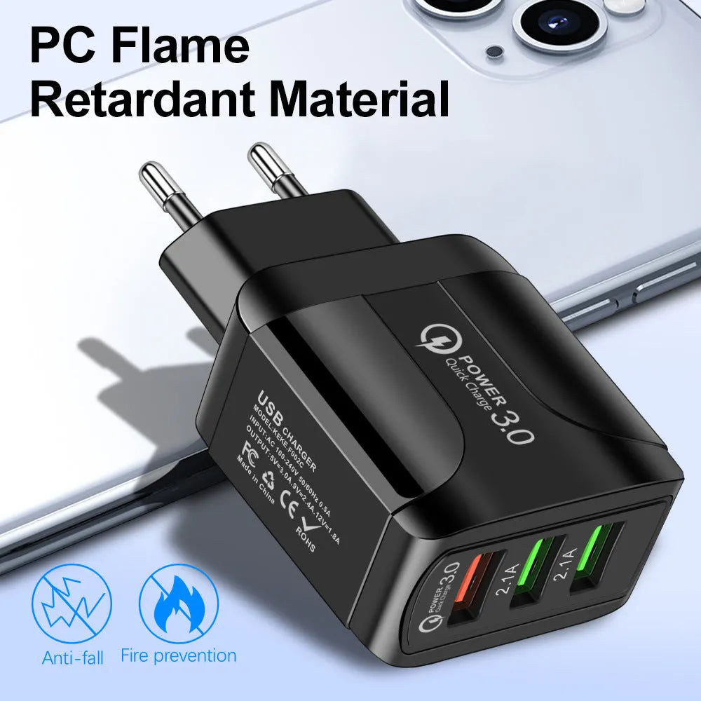 QC3.0 fast charge mobile phone charger with three USB ports and international plug options