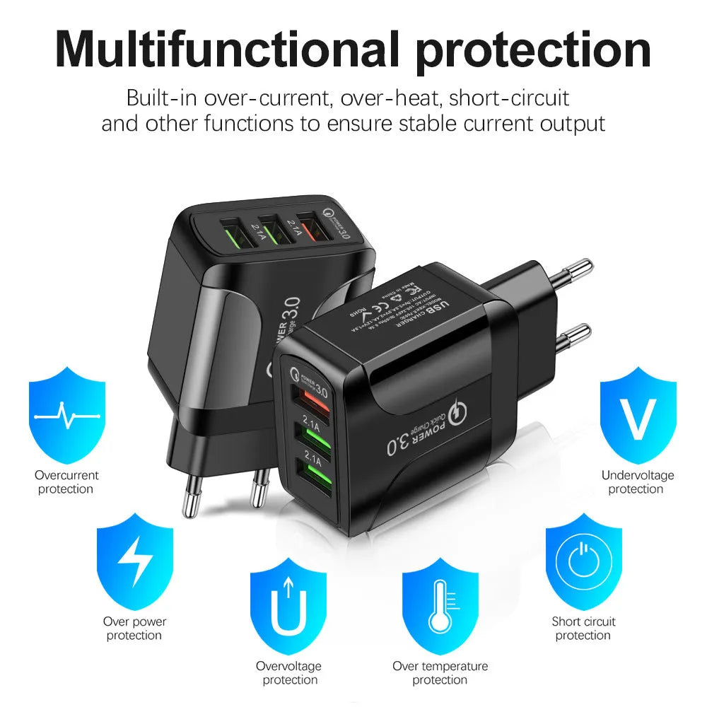 QC3.0 fast charge mobile phone charger with three USB ports and international plug options