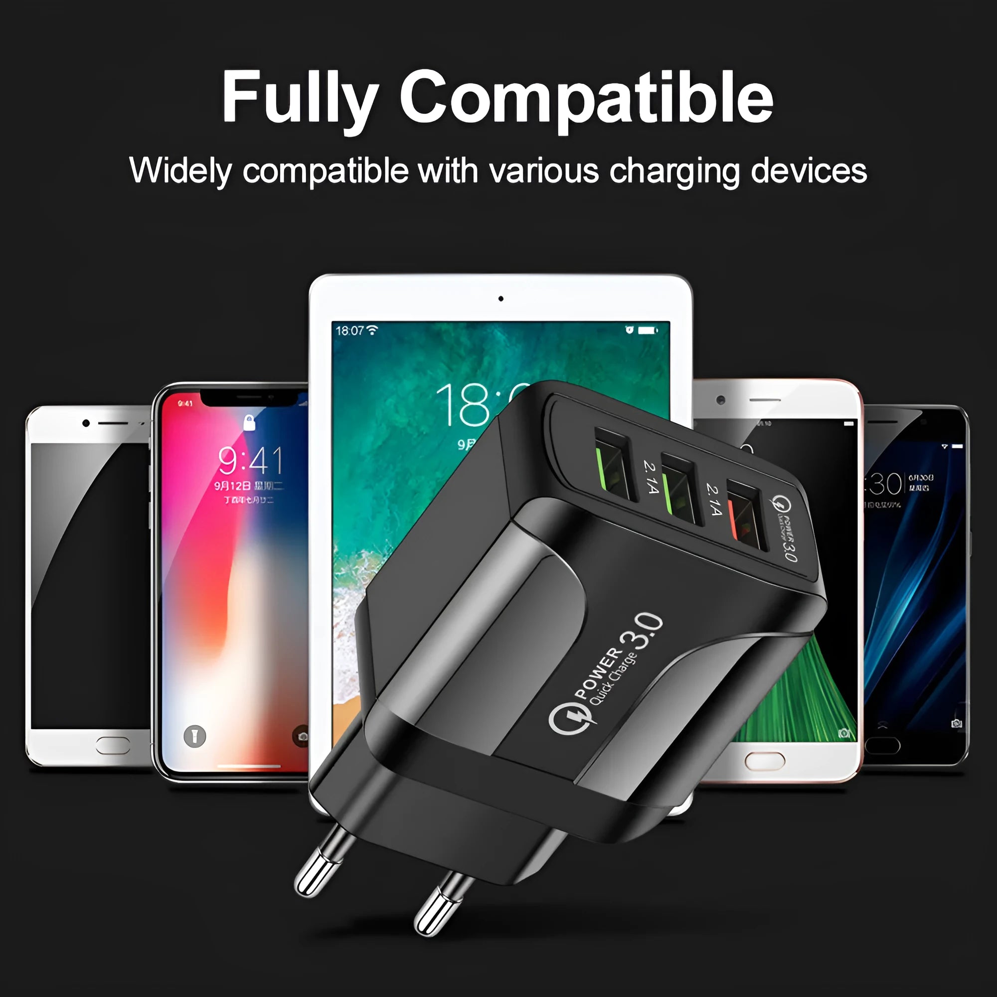 QC3.0 fast charge mobile phone charger with three USB ports and international plug options