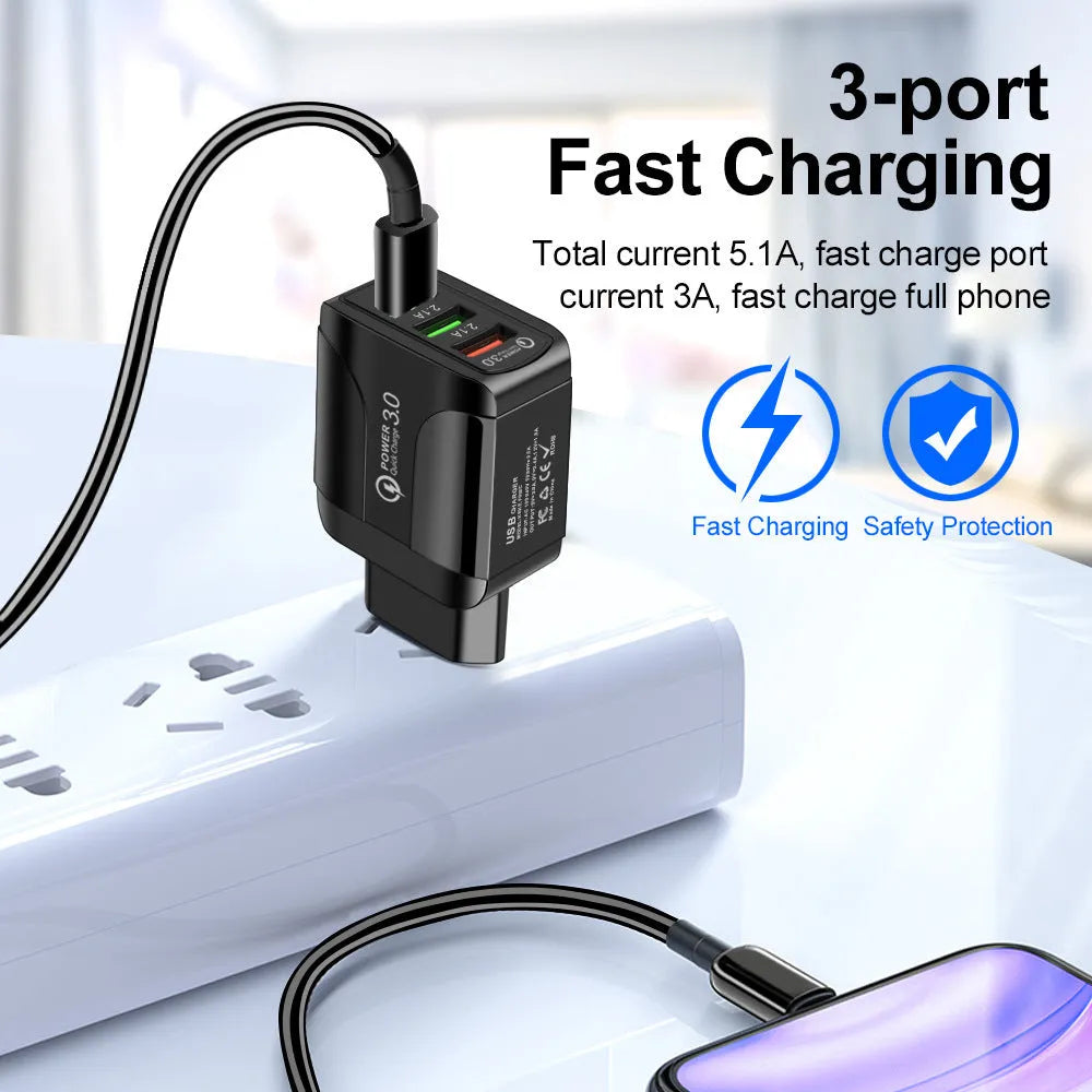QC3.0 fast charge mobile phone charger with three USB ports and international plug options