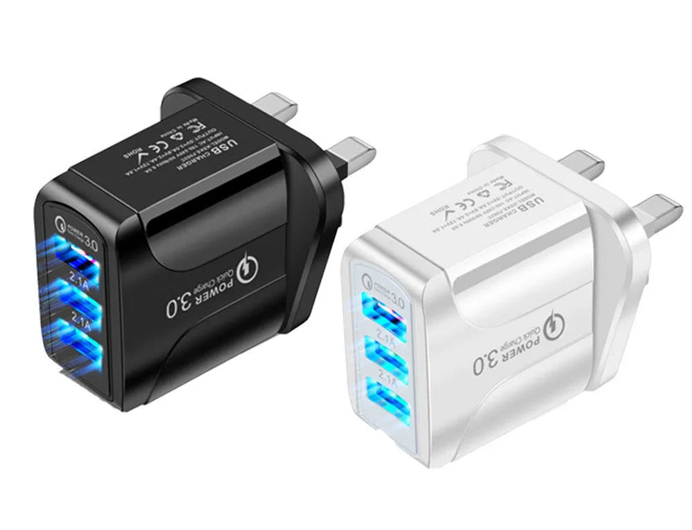 QC3.0 fast charge mobile phone charger with three USB ports and international plug options