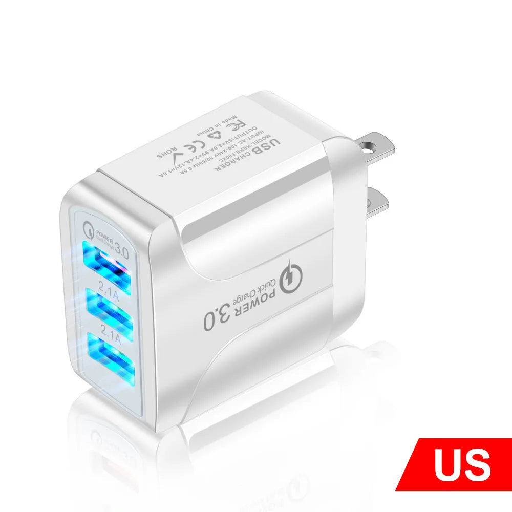 QC3.0 fast charge mobile phone charger with three USB ports and international plug options