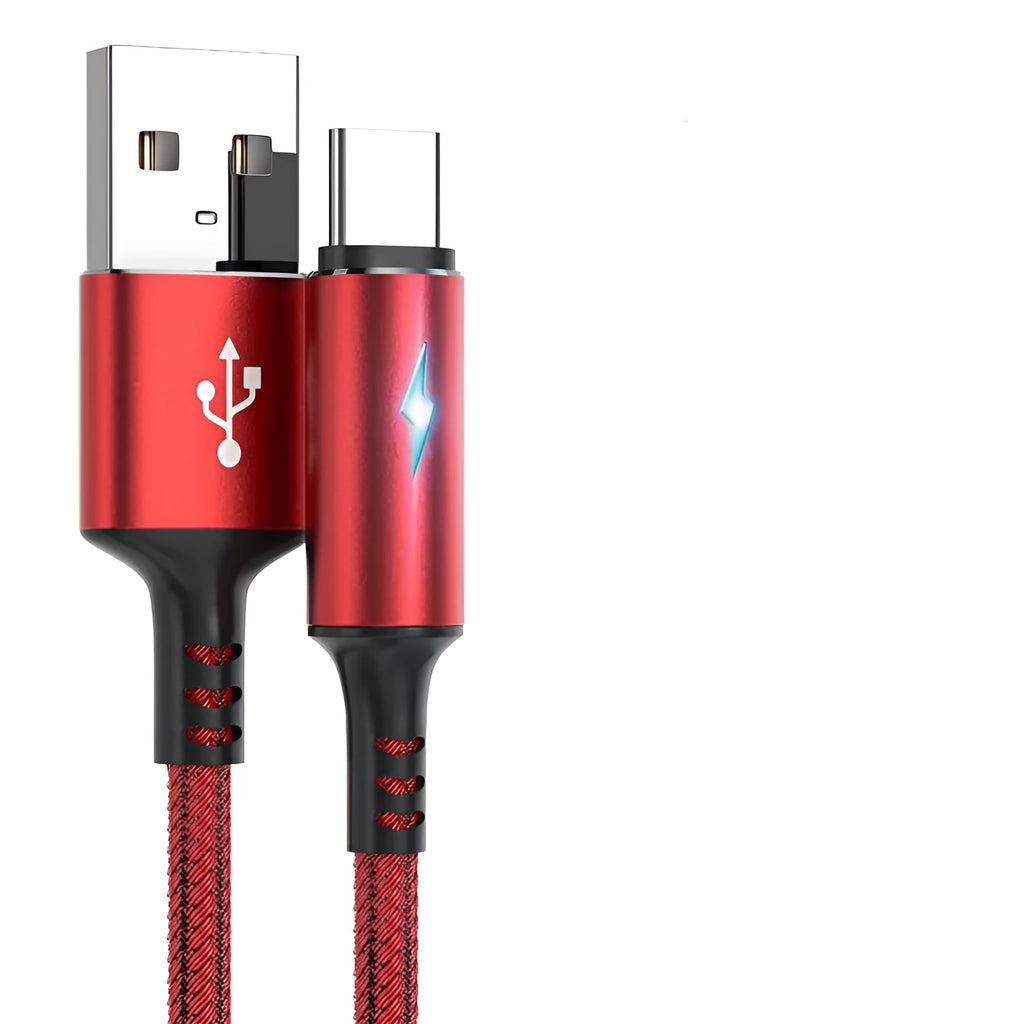 Black, red, and purple USB data cables for Apple iPhone and Android phones in different lengths