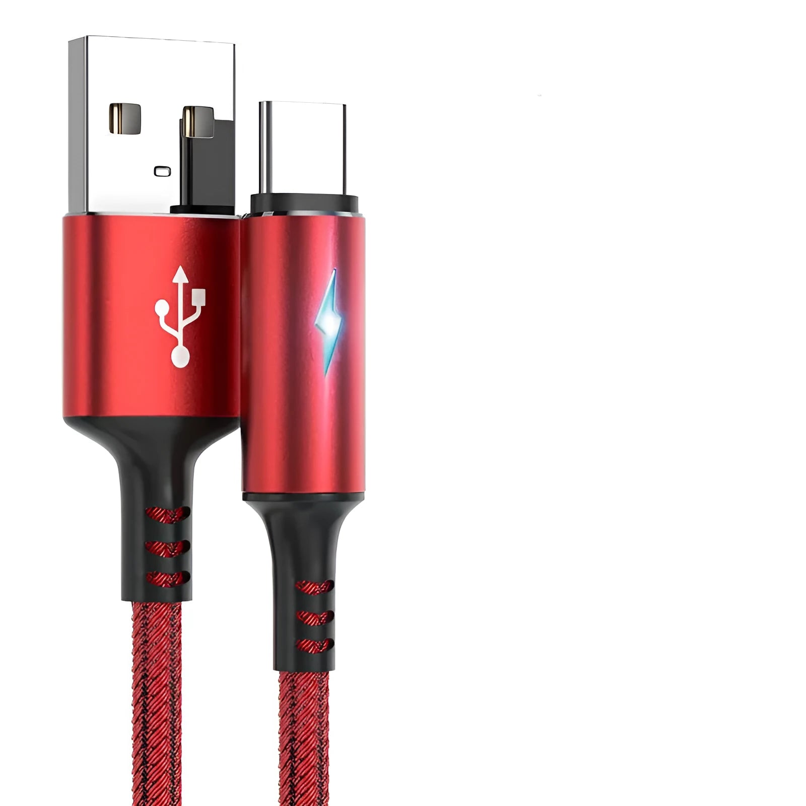 Black, red, and purple USB data cables for Apple iPhone and Android phones in different lengths