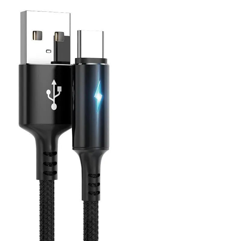 Black, red, and purple USB data cables for Apple iPhone and Android phones in different lengths