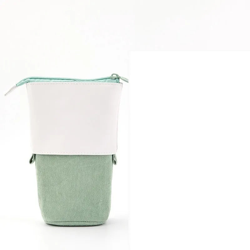 Corduroy retractable pencil case in round plain design with PU leather trim, green colour option