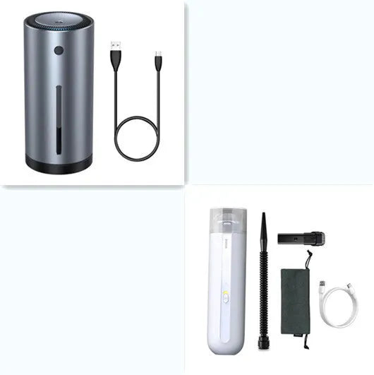 Starry sky black handheld car vacuum cleaner with a blowing hose attachment on a car seat.