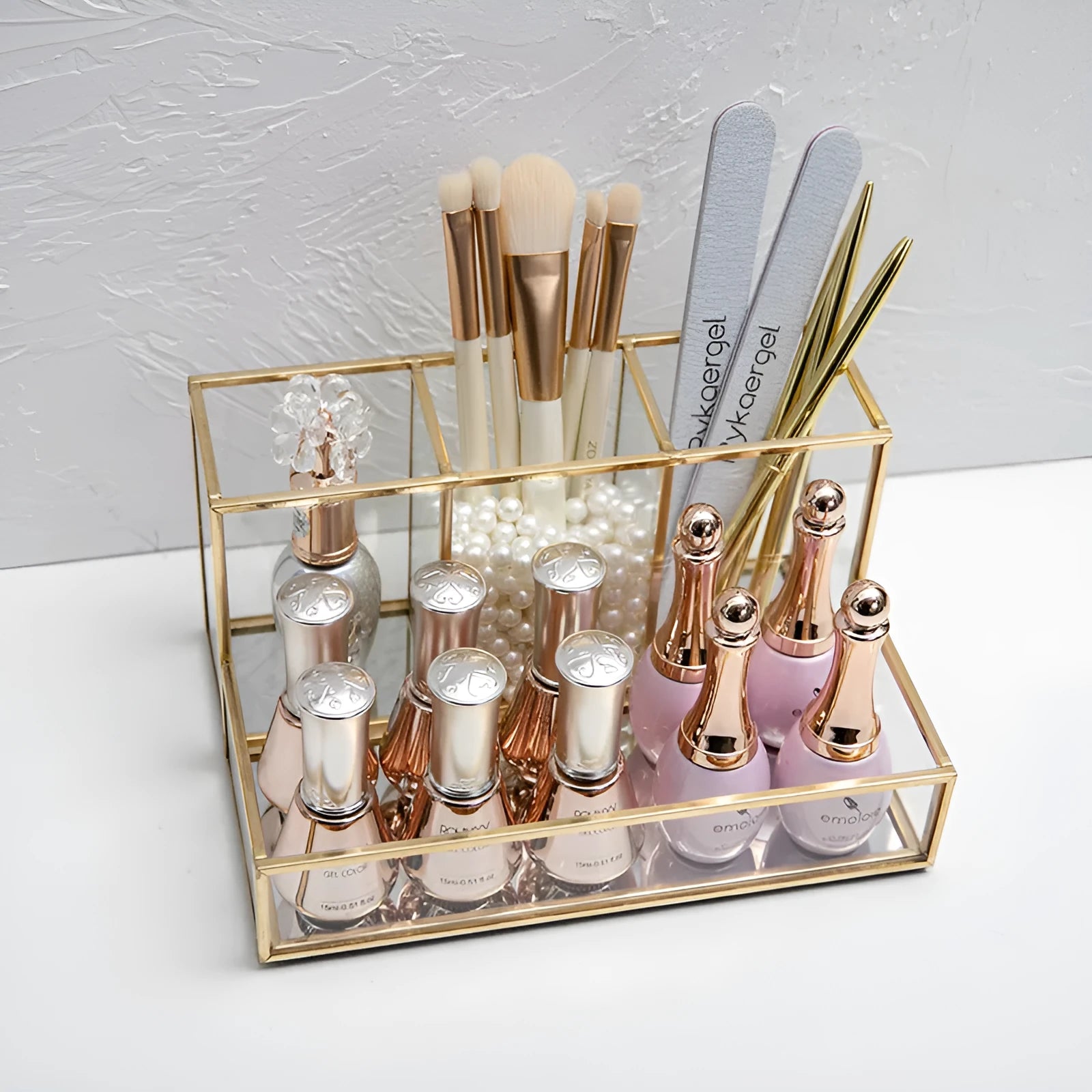 Copper-finished glass makeup organiser metal brass core 20x14x10cm desktop storage box