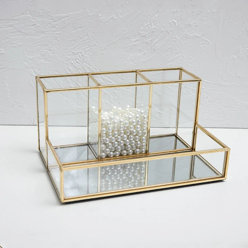 Copper-finished glass makeup organiser metal brass core 20x14x10cm desktop storage box