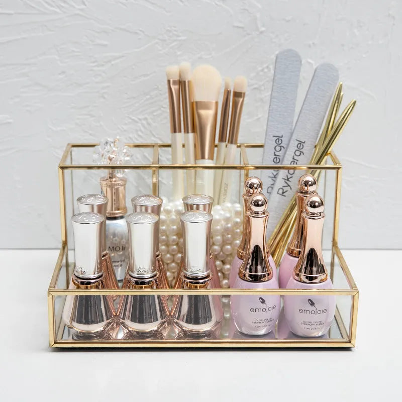 Copper-finished glass makeup organiser metal brass core 20x14x10cm desktop storage box