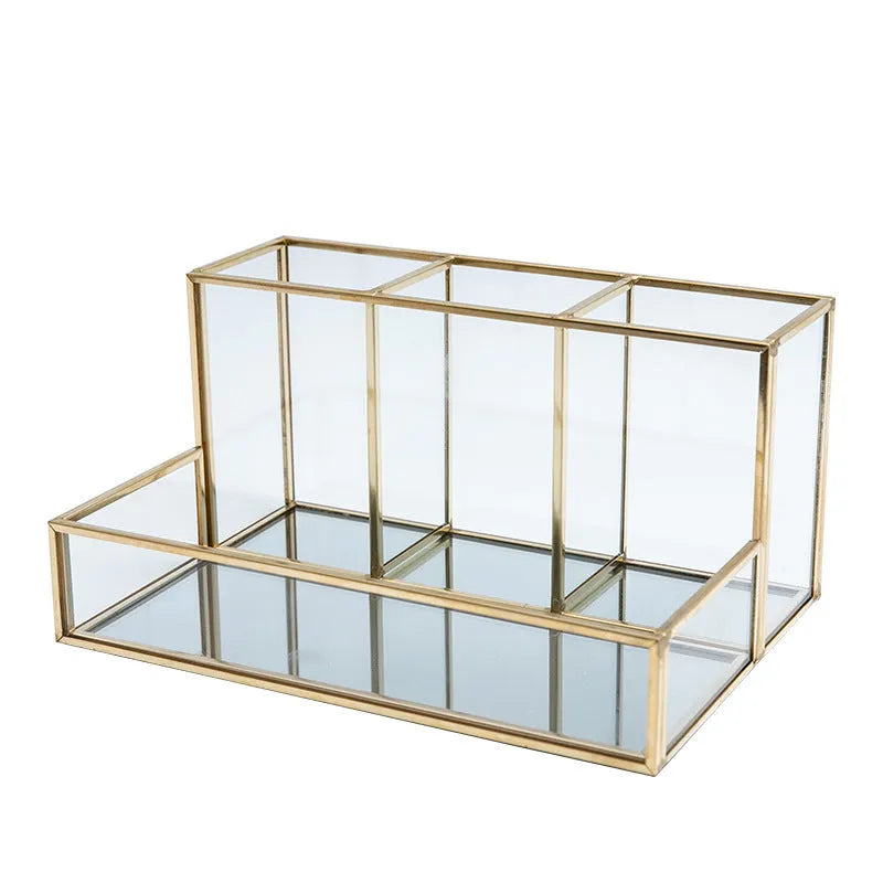Copper-finished glass makeup organiser metal brass core 20x14x10cm desktop storage box