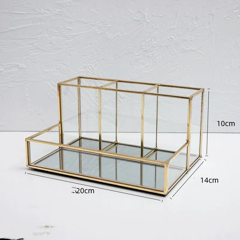 Copper-finished glass makeup organiser metal brass core 20x14x10cm desktop storage box