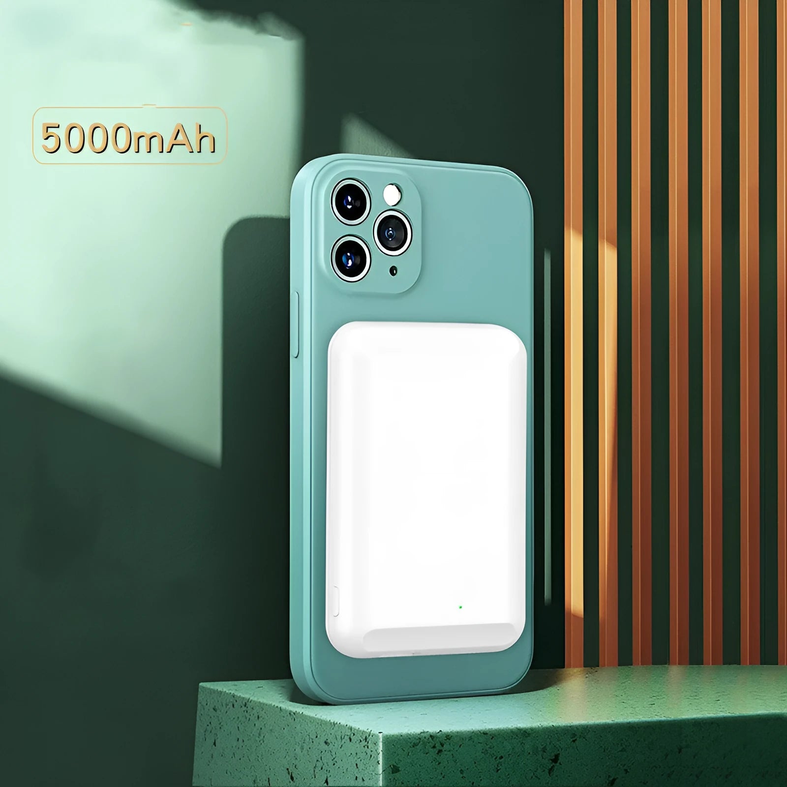 Magnetic wireless power bank in five colours: black, blue, green, pink, and white.