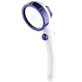 Blue handheld shower head with universal 4-point fitting and ABS plastic construction
