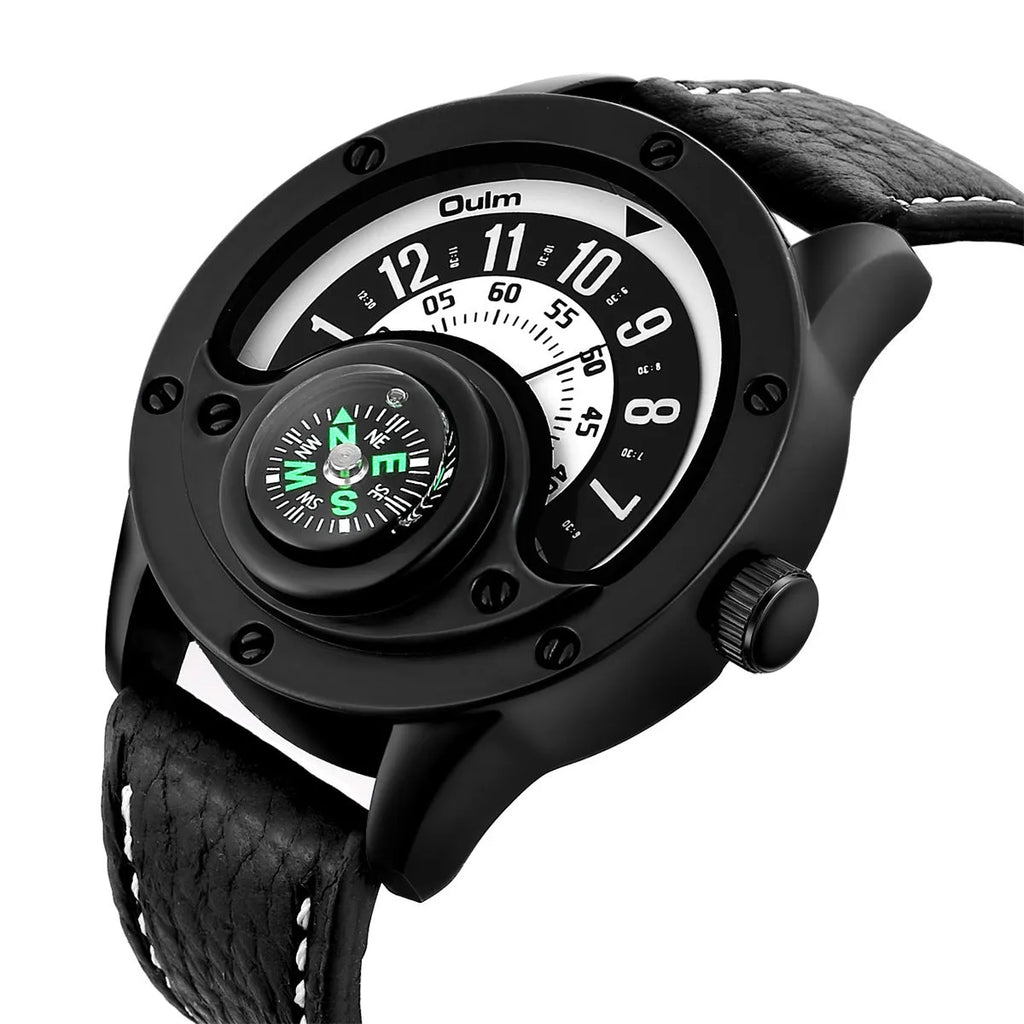 Men's quartz watch with decorative compass, black leather strap, 50mm round dial, 30M waterproof