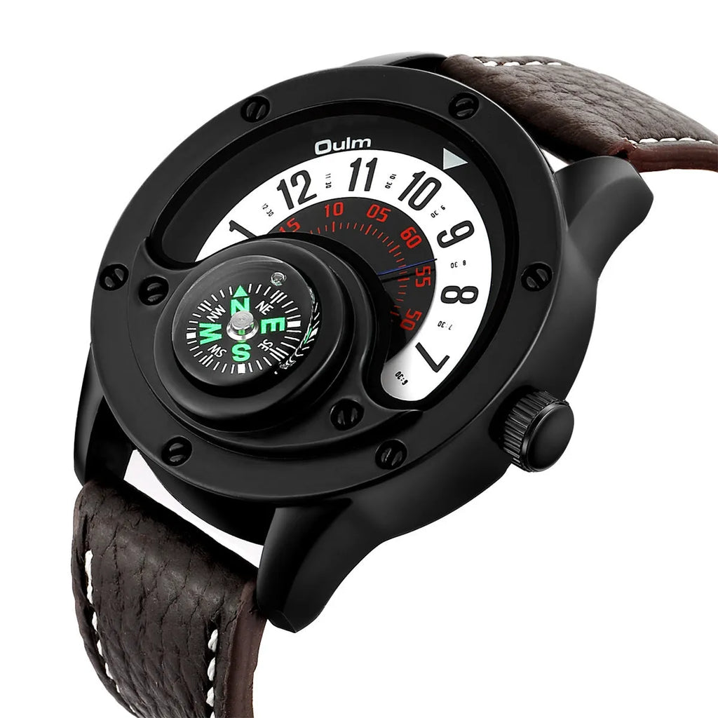 Men's quartz watch with decorative compass, black leather strap, 50mm round dial, 30M waterproof