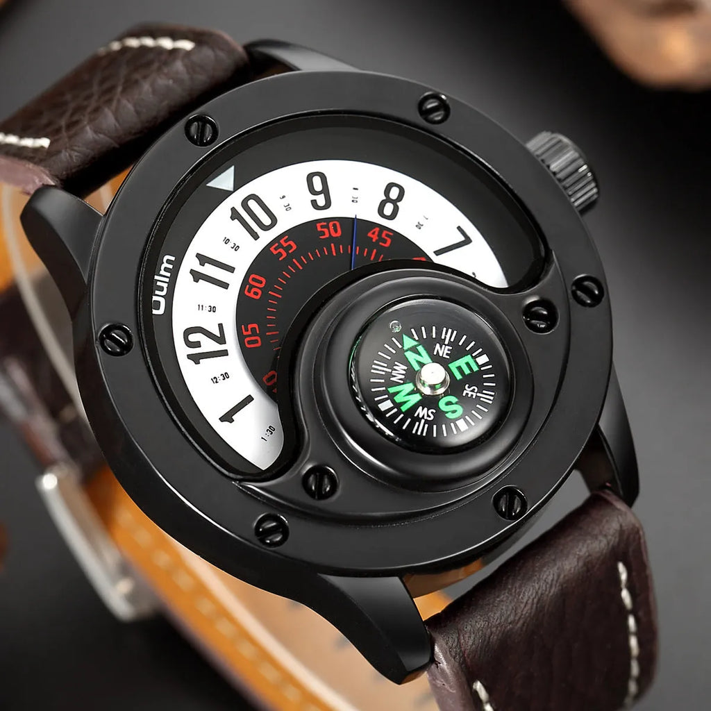 Men's quartz watch with decorative compass, black leather strap, 50mm round dial, 30M waterproof