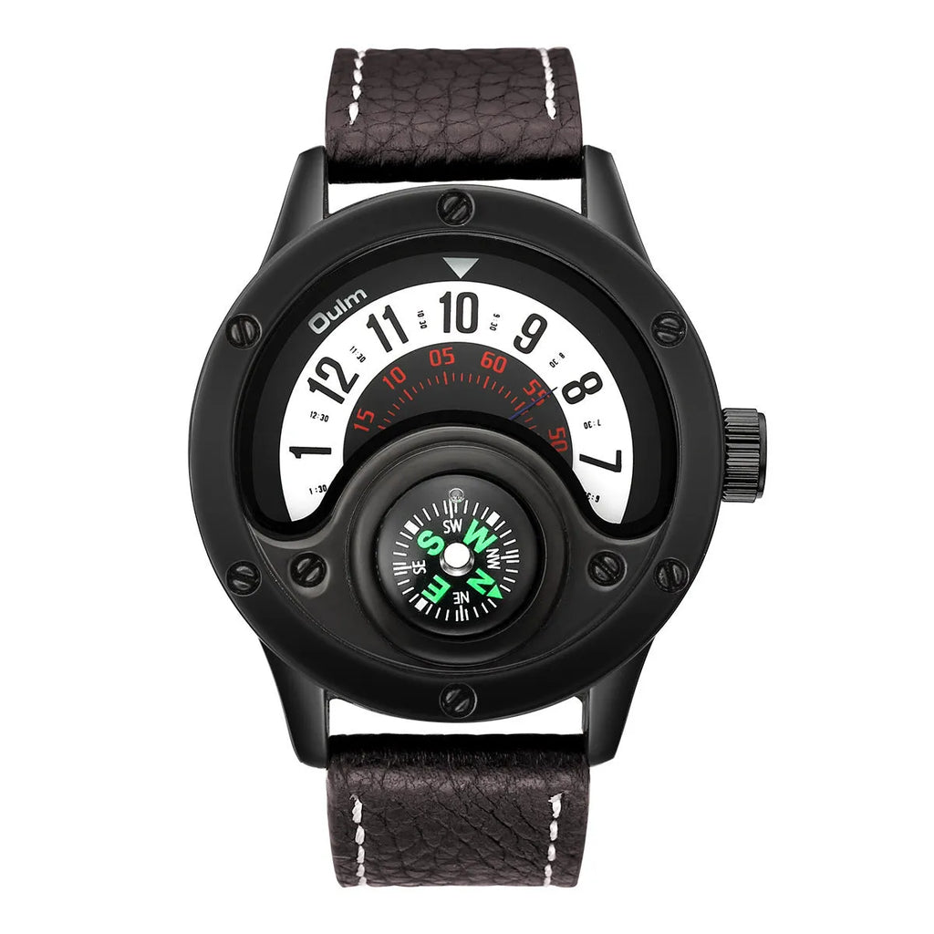 Men's quartz watch with decorative compass, black leather strap, 50mm round dial, 30M waterproof