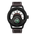 Men's quartz watch with decorative compass, black leather strap, 50mm round dial, 30M waterproof