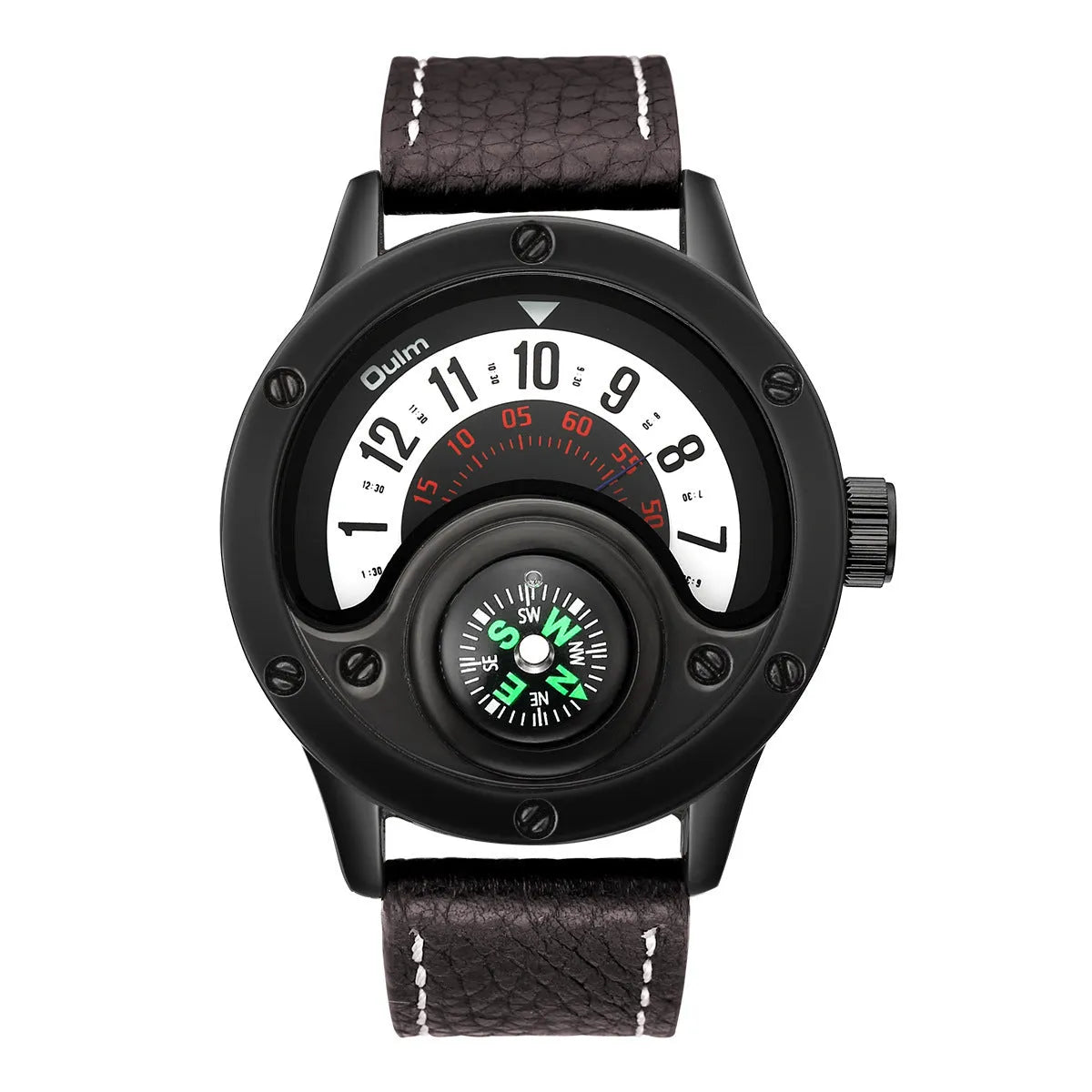 Men's quartz watch with decorative compass, black leather strap, 50mm round dial, 30M waterproof