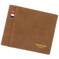 Men's retro style tri-fold leather wallet shown in open and closed views, available in four colours.