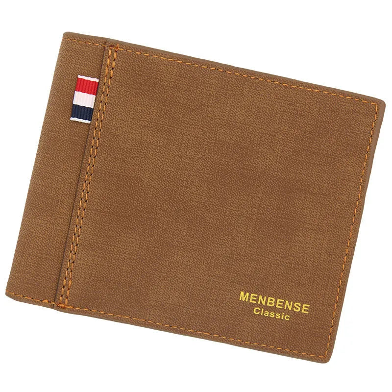 Men's retro style tri-fold leather wallet shown in open and closed views, available in four colours.