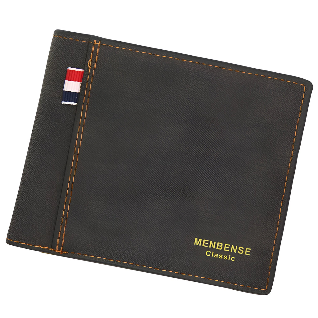 Men's retro style tri-fold leather wallet shown in open and closed views, available in four colours.