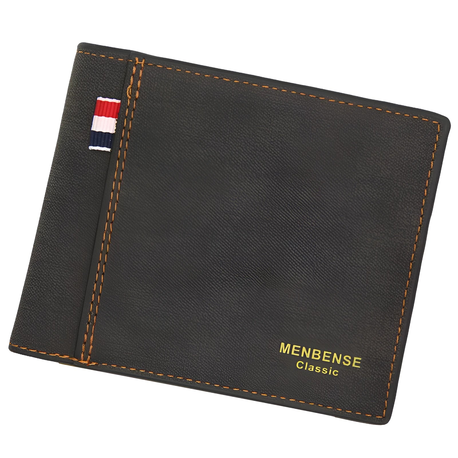 Men's retro style tri-fold leather wallet shown in open and closed views, available in four colours.