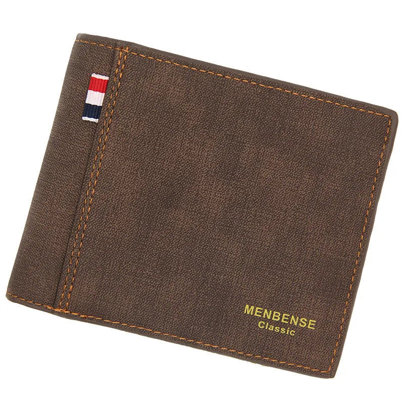 Men's retro style tri-fold leather wallet shown in open and closed views, available in four colours.
