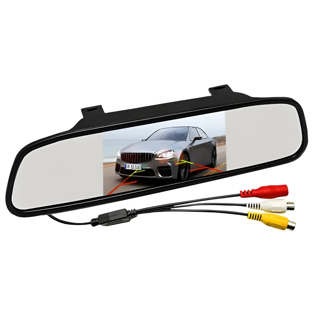Black 4.3 inch rear view mirror monitor with TFT-LCD screen, 800x480 resolution and 12V DC power