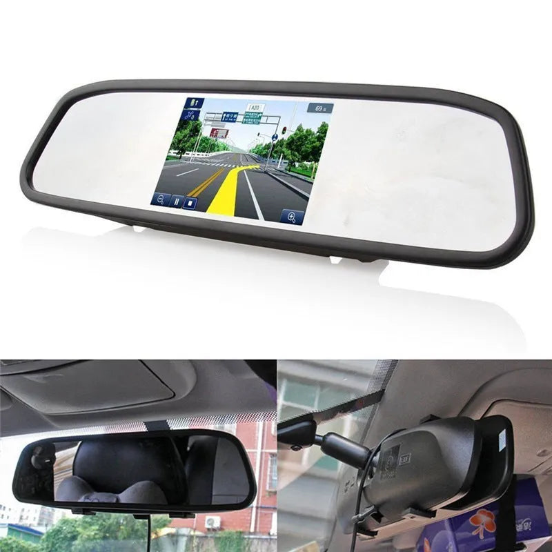 Black 4.3 inch rear view mirror monitor with TFT-LCD screen, 800x480 resolution and 12V DC power