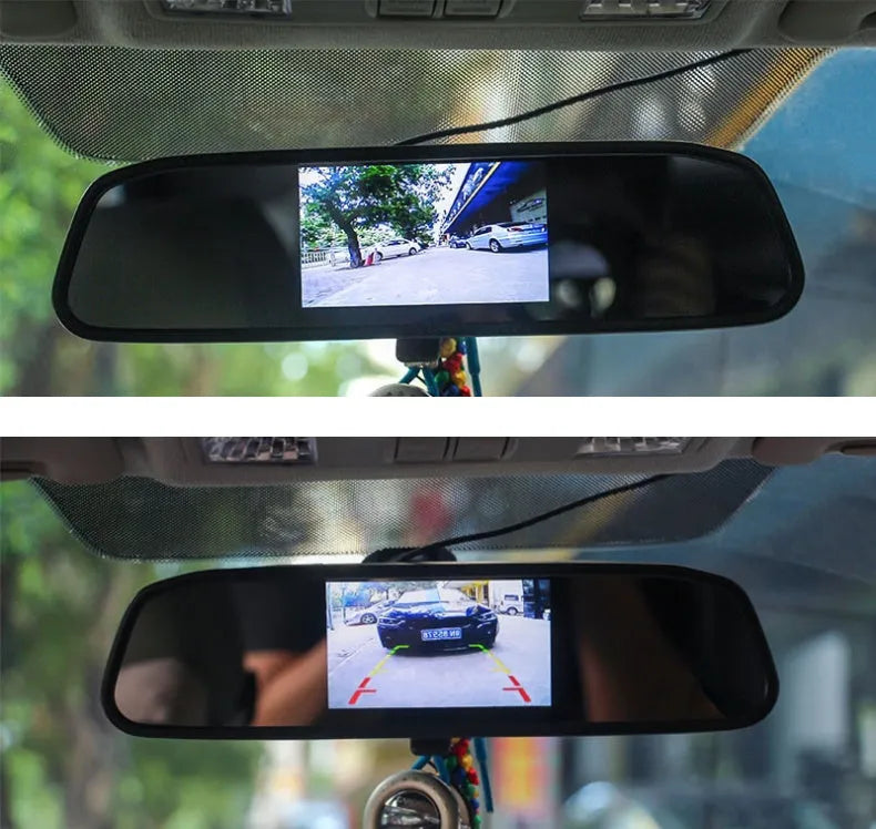 Black 4.3 inch rear view mirror monitor with TFT-LCD screen, 800x480 resolution and 12V DC power