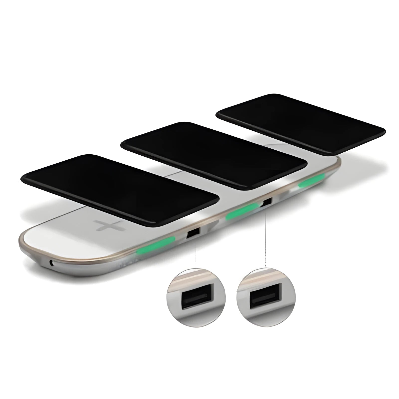 A black universal Qi wireless charging pad on a wooden desk next to a smartphone.