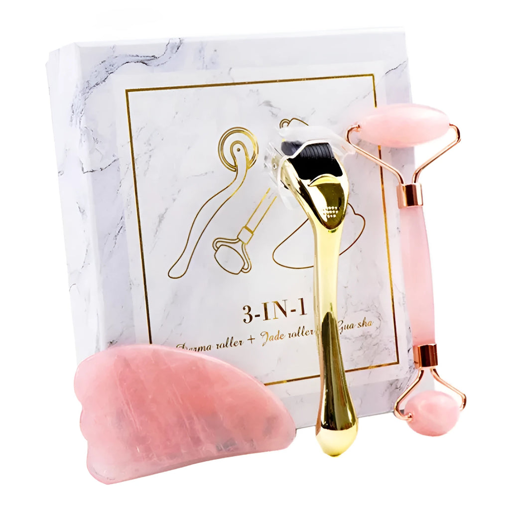 Natural aventurine face roller, claw scraping board, and micro-needle tool in a three-piece gift box