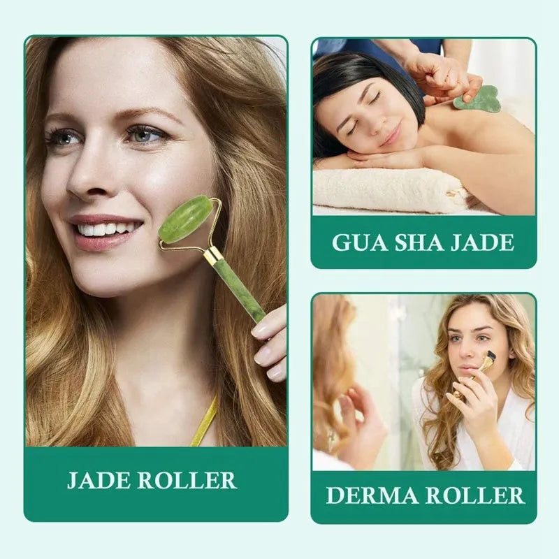 Natural aventurine face roller, claw scraping board, and micro-needle tool in a three-piece gift box