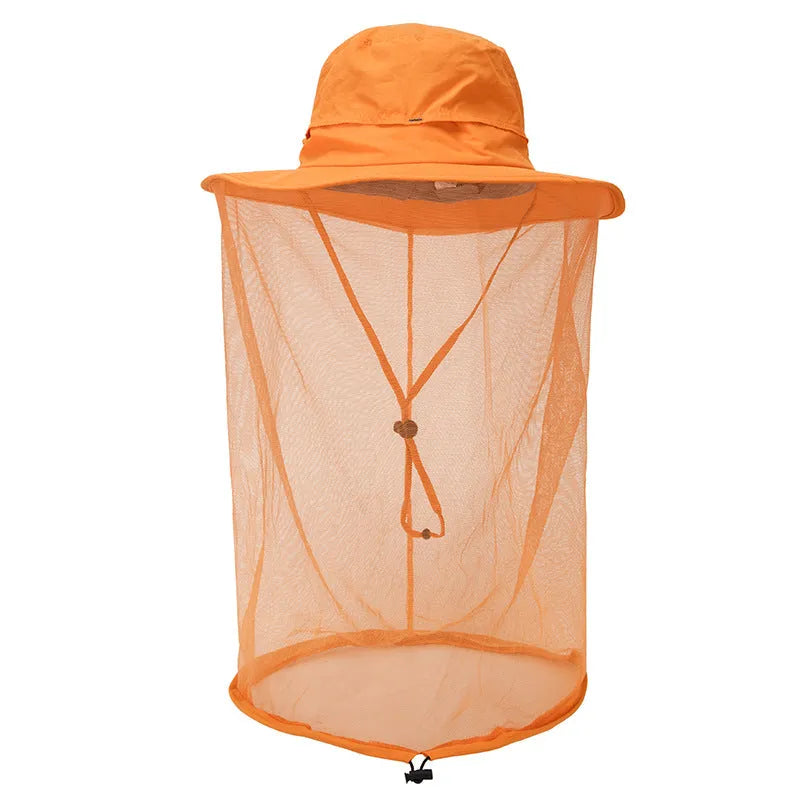 Anti-mosquito fishing hat for men and women, nylon wide brim in khaki, flat top design, one size