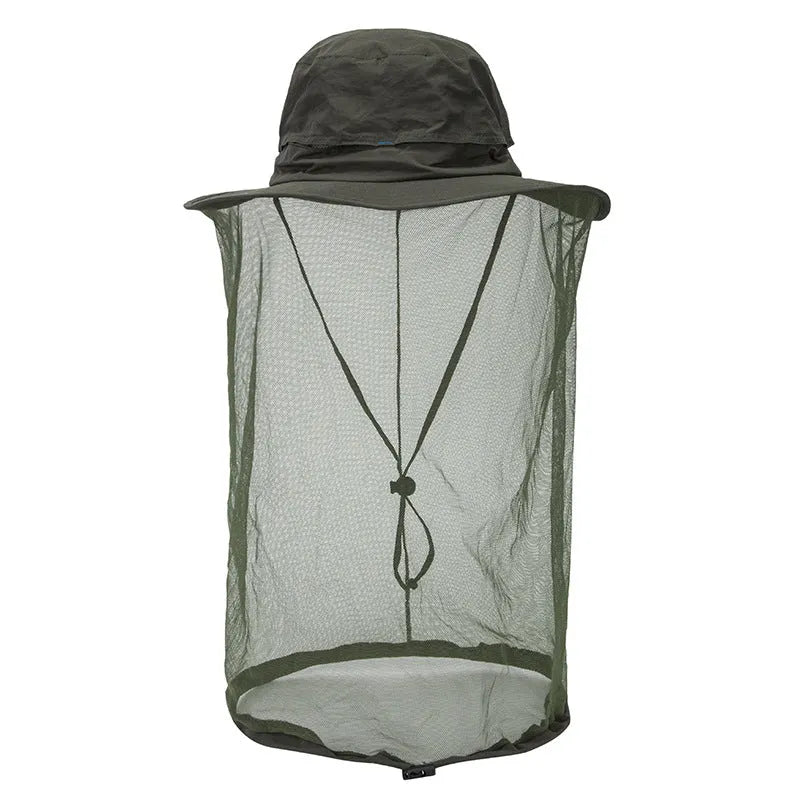 Anti-mosquito fishing hat for men and women, nylon wide brim in khaki, flat top design, one size