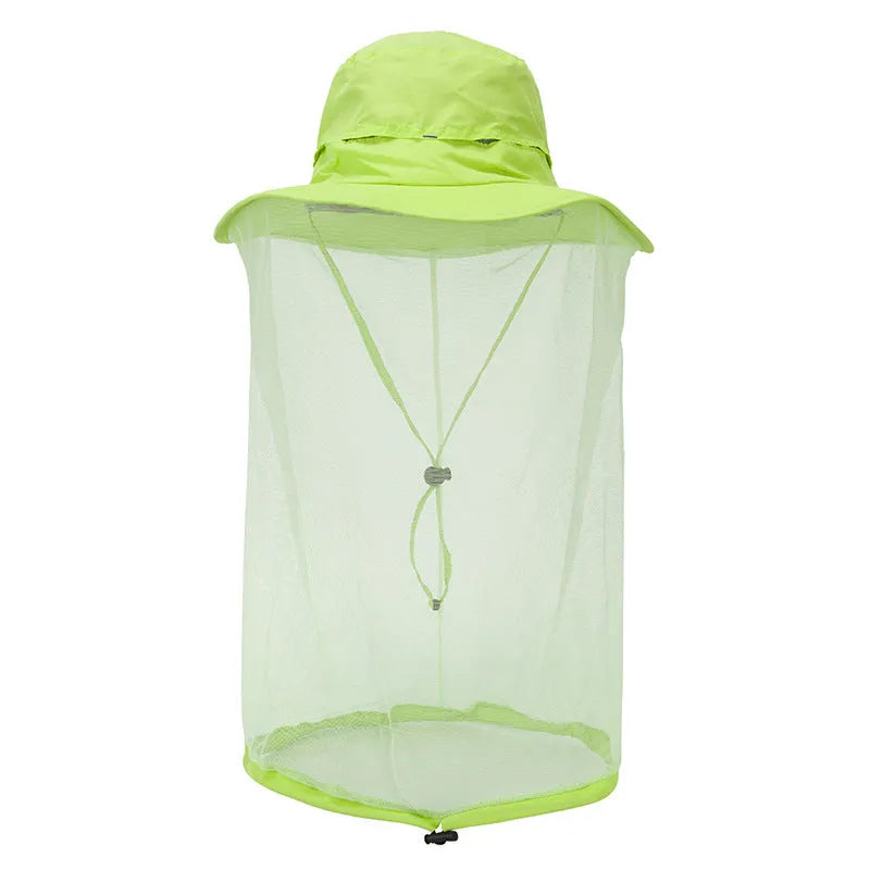 Anti-mosquito fishing hat for men and women, nylon wide brim in khaki, flat top design, one size