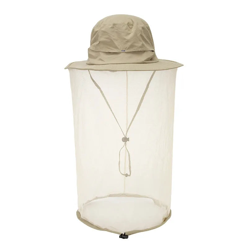 Anti-mosquito fishing hat for men and women, nylon wide brim in khaki, flat top design, one size